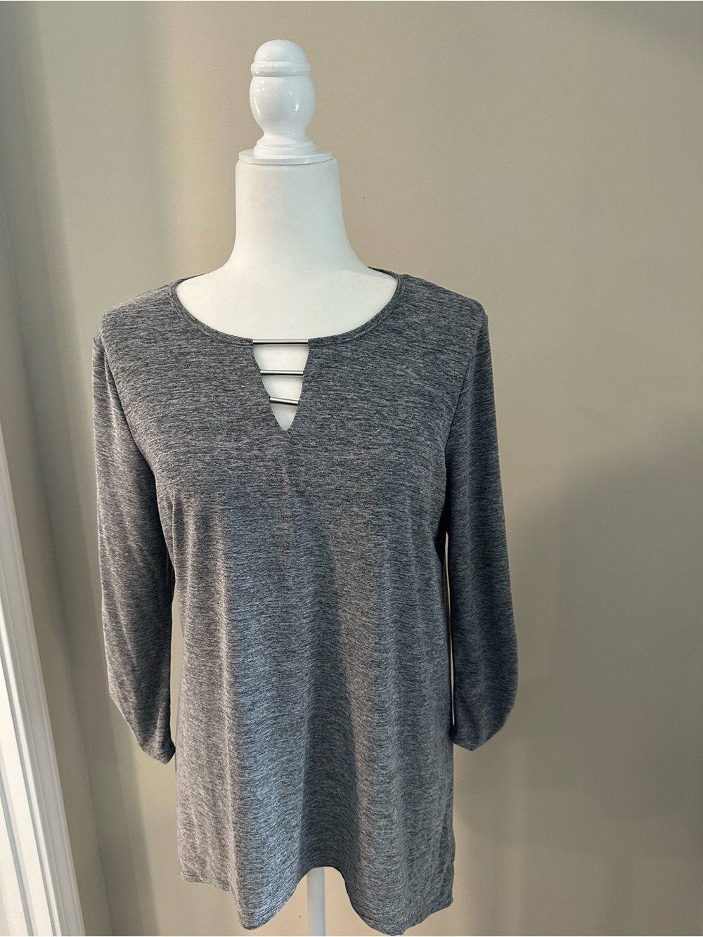 Women's Gray Strappy V-Notch Long Sleeve Tee - Modern Everyday Top
